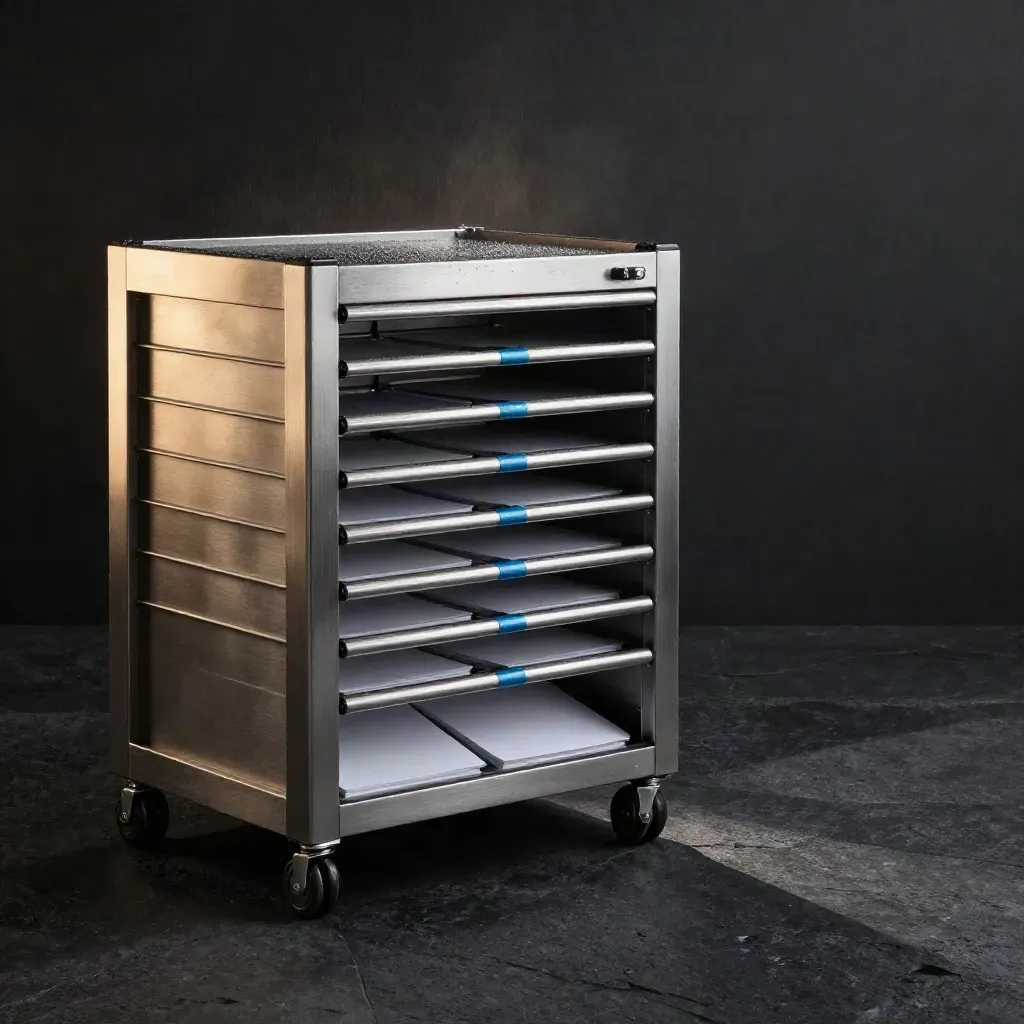 Stalen taaktrays met kaarten en dividers op zwarte steen in dramatisch studiolicht.