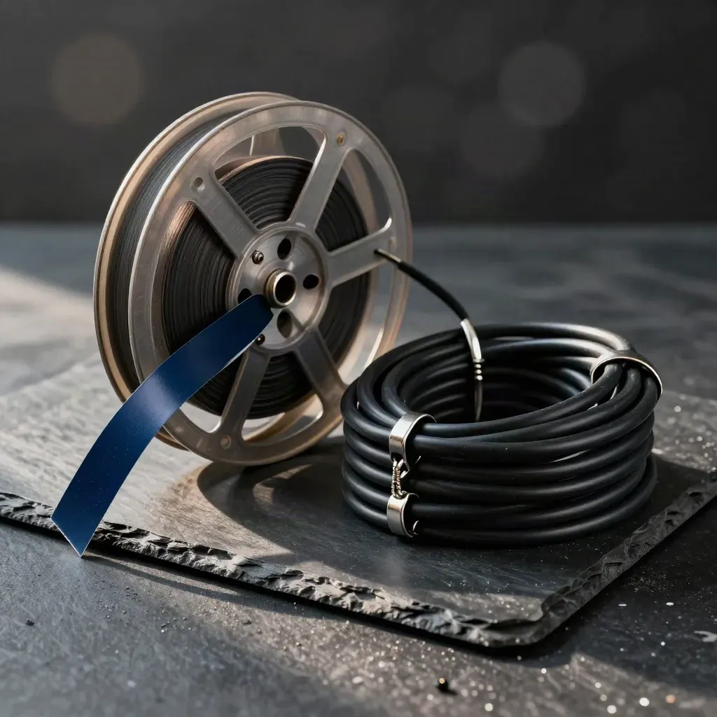 Filmrol, kabelcoil en klemmen op geborstelde leisteen in premium mediasfeer.