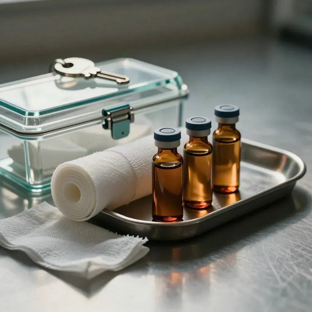 Amberkleurige medicijnflesjes, gaasrollen en een instrumentenkoffer op metaal.