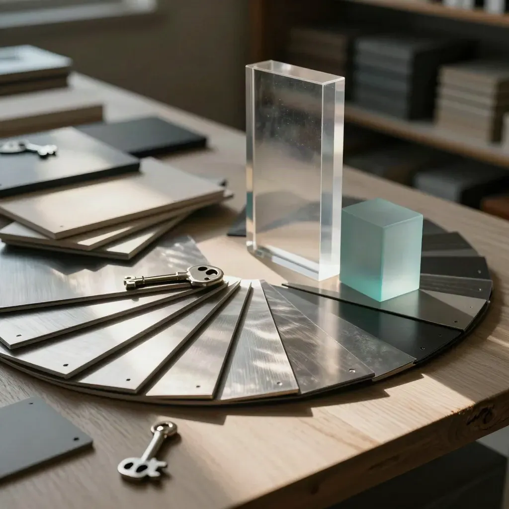 Aluminium swatches, acrylblokken en clipgewichten op licht hout in dramatisch studio licht.
