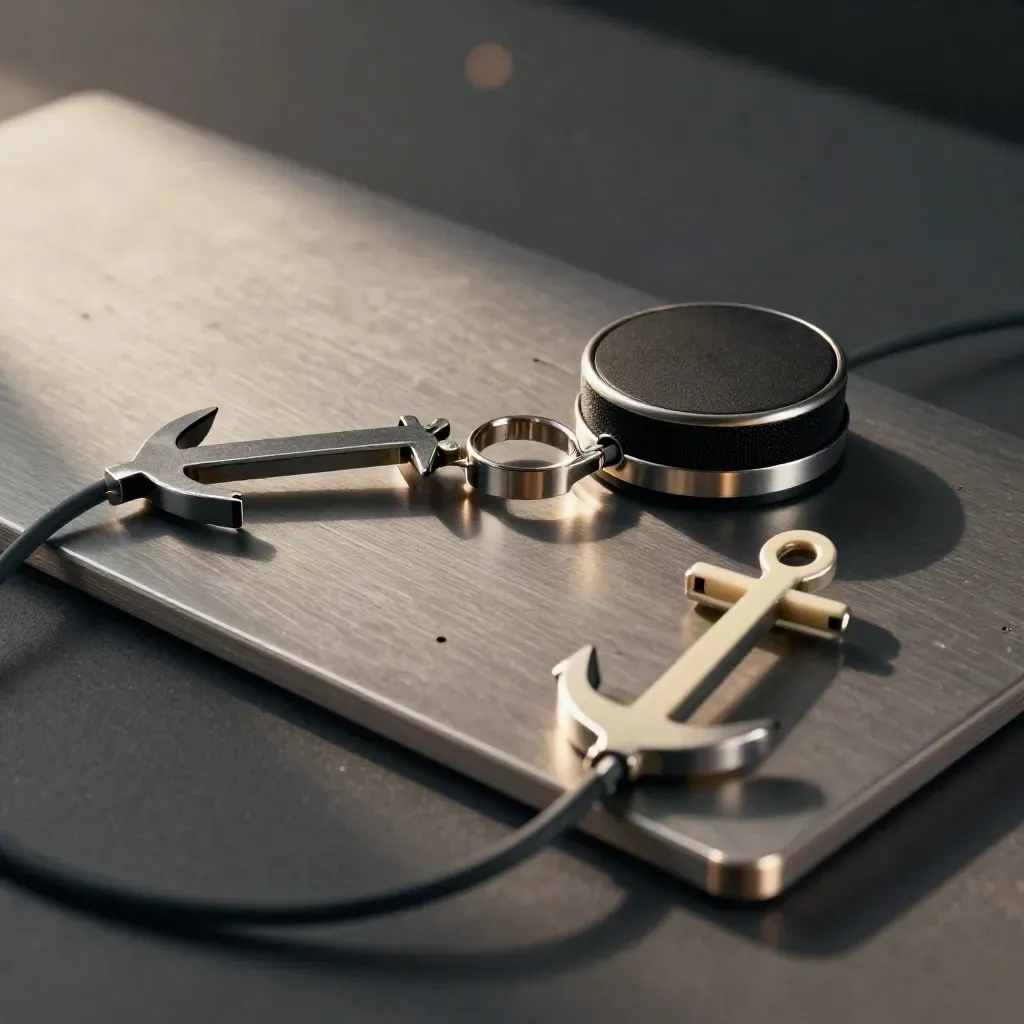 Bovenaanzicht van metalen clips, speakerpuck en kabelankers op grafiet met zachte schaduwen.