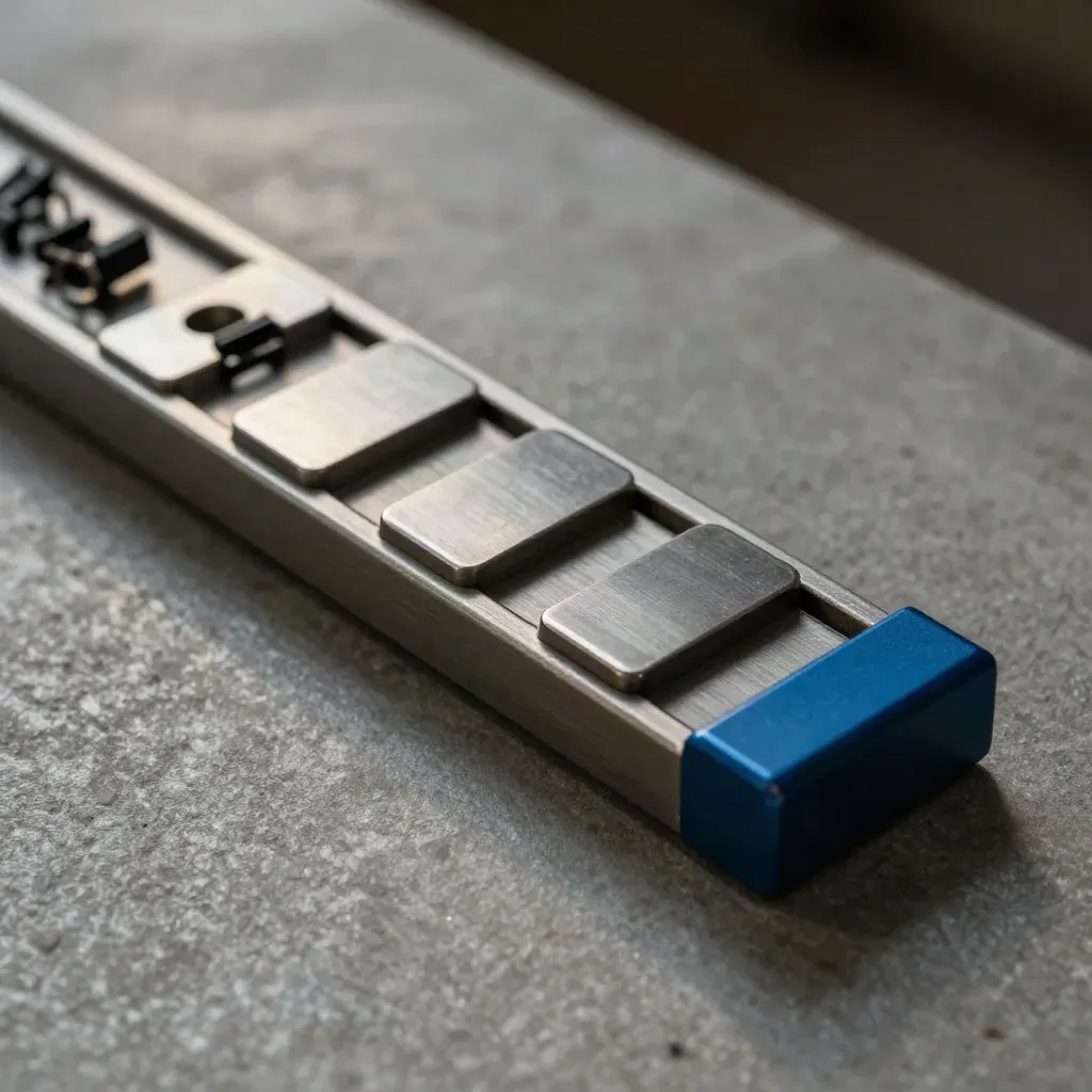 Bovenaanzicht van een magnetische rail met drie metalen tabs en zwarte clips op beton.