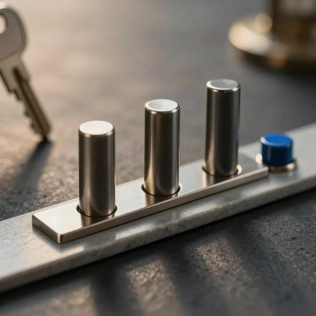 Drie magnetische markers op een stalen rail met marineblauw accent, macro met zacht bokeh.