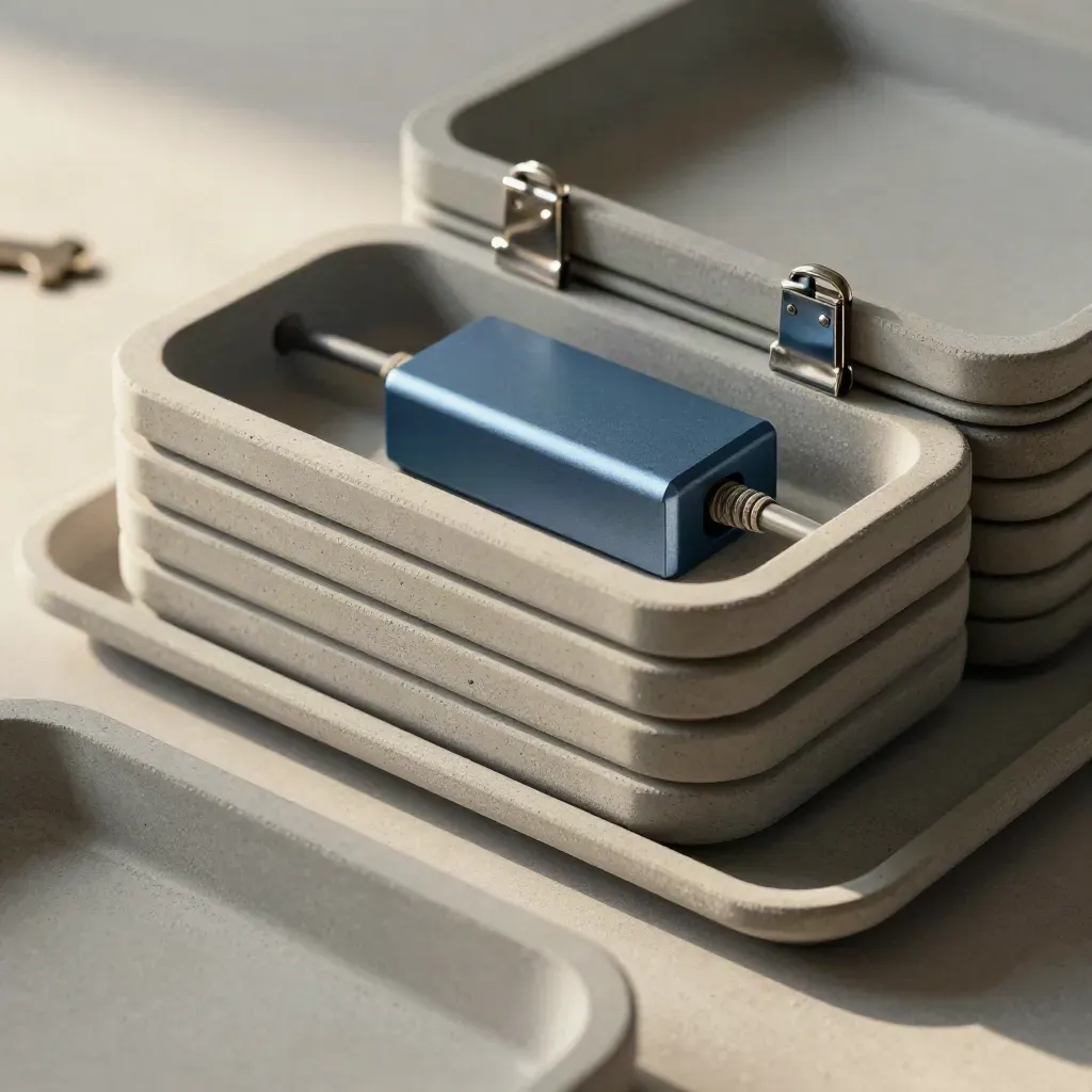 Bovenaanzicht van tray-caddy, kabelhub en stalen clips op licht beton.