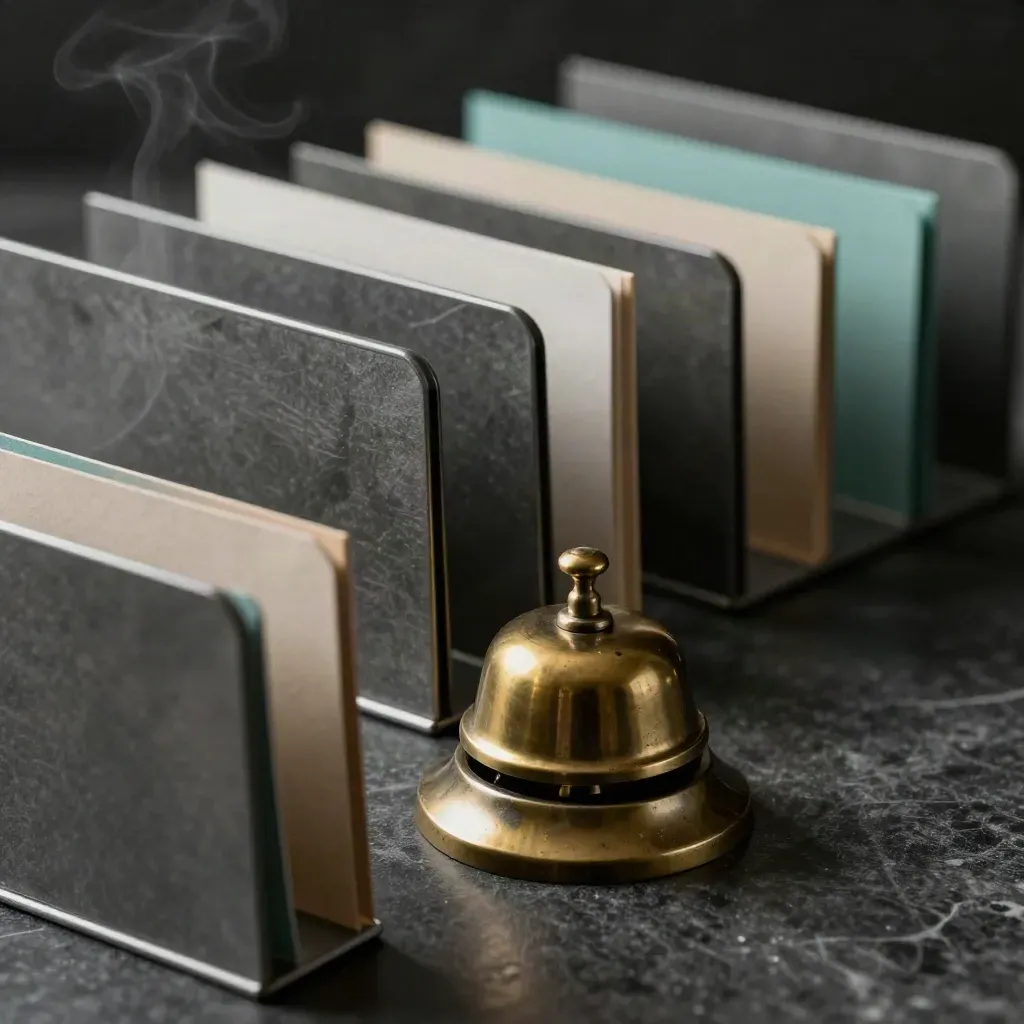 Brass bel en archieftrays op donkere steen, door een zachte tab op de voorgrond.