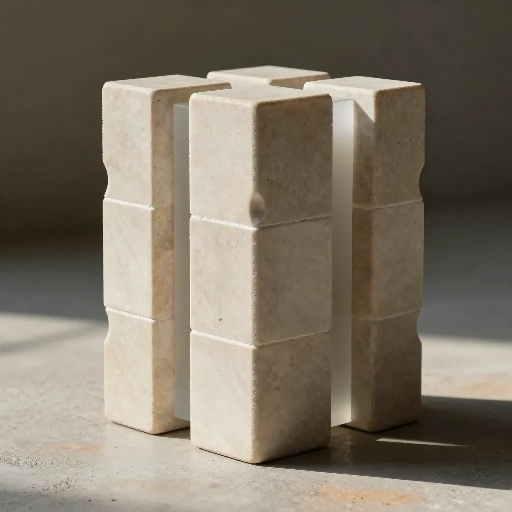 Modulaire stenen blokken met frosted spacer op licht beton, dramatisch en strak uitgelicht.