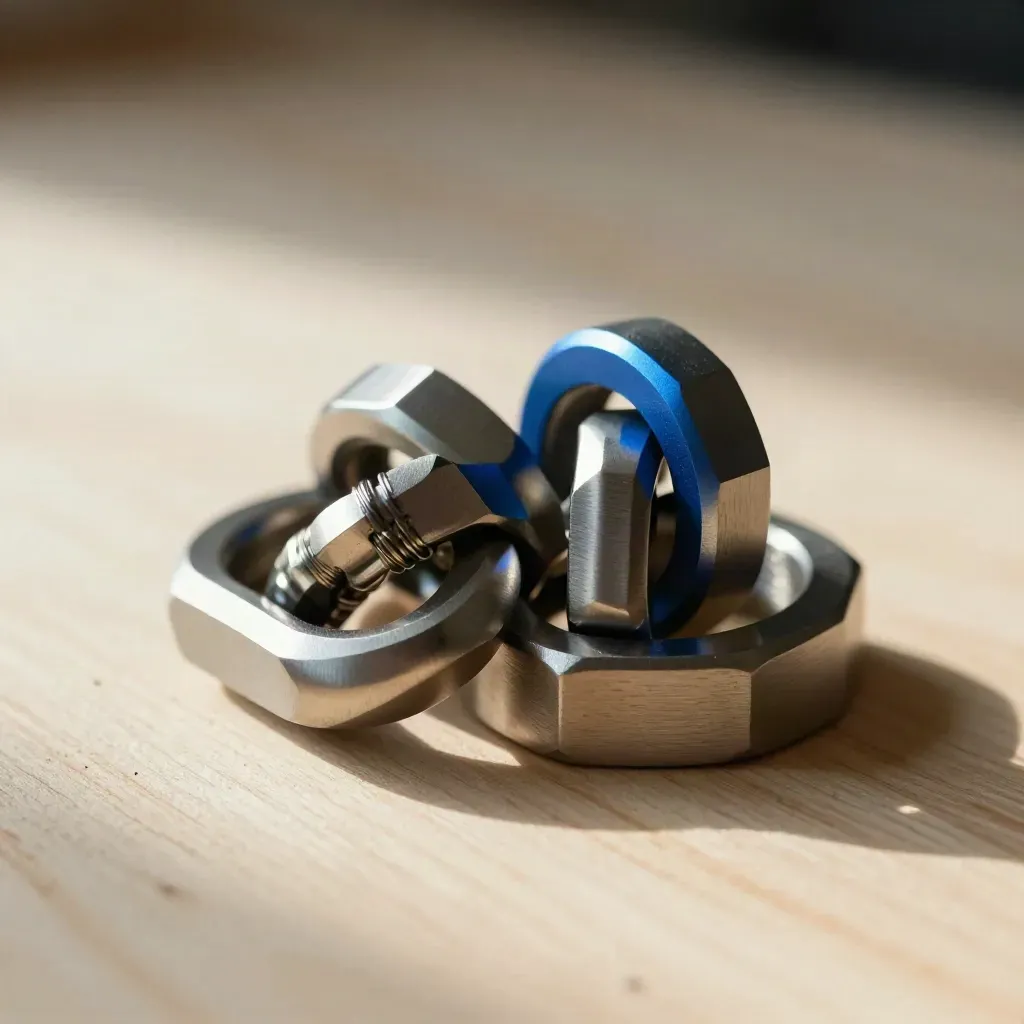 Metalen verbindingsringen en clips op licht hout met een zacht blauw accent.