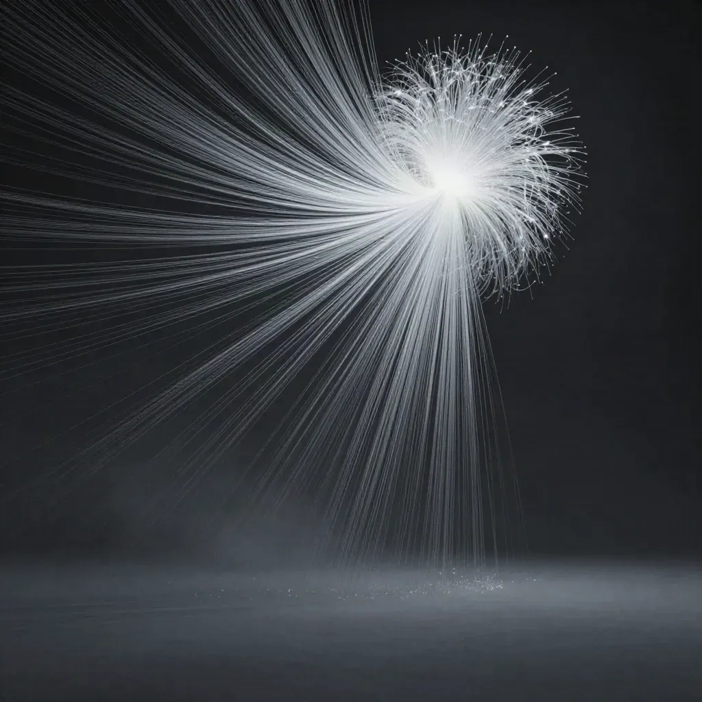 Zilveren lichtdraden vormen een witte gloed in grafietruimte, met rustige ruimte onderaan.